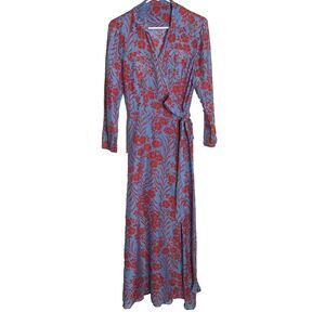Diane von Furstenberg Mykonos Silk Blue Red Maxi Wrap Dress L New Preppy Boho